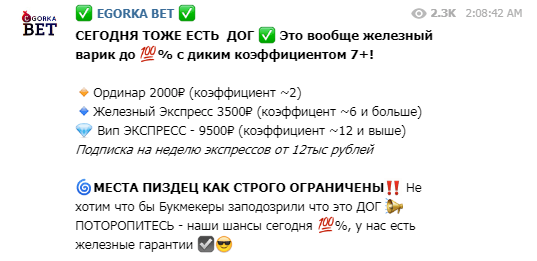 Цены за подписку на канал Егорка бет в Телеграмме