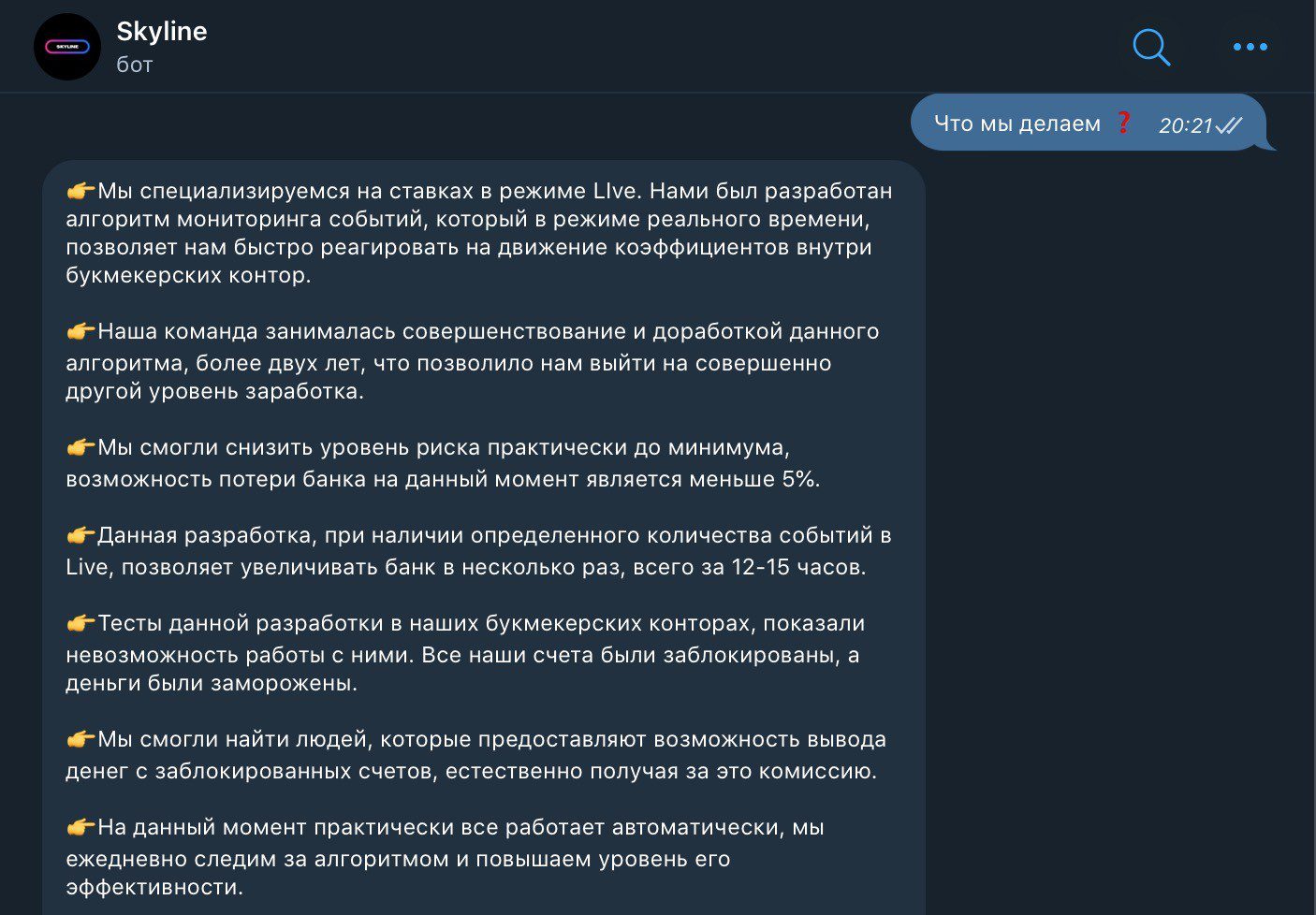 Описание работы Телеграмм бота Skyline 