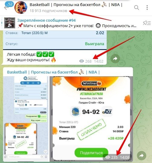 Просмотры и подписчики Телеграмм Basketball Прогнозы